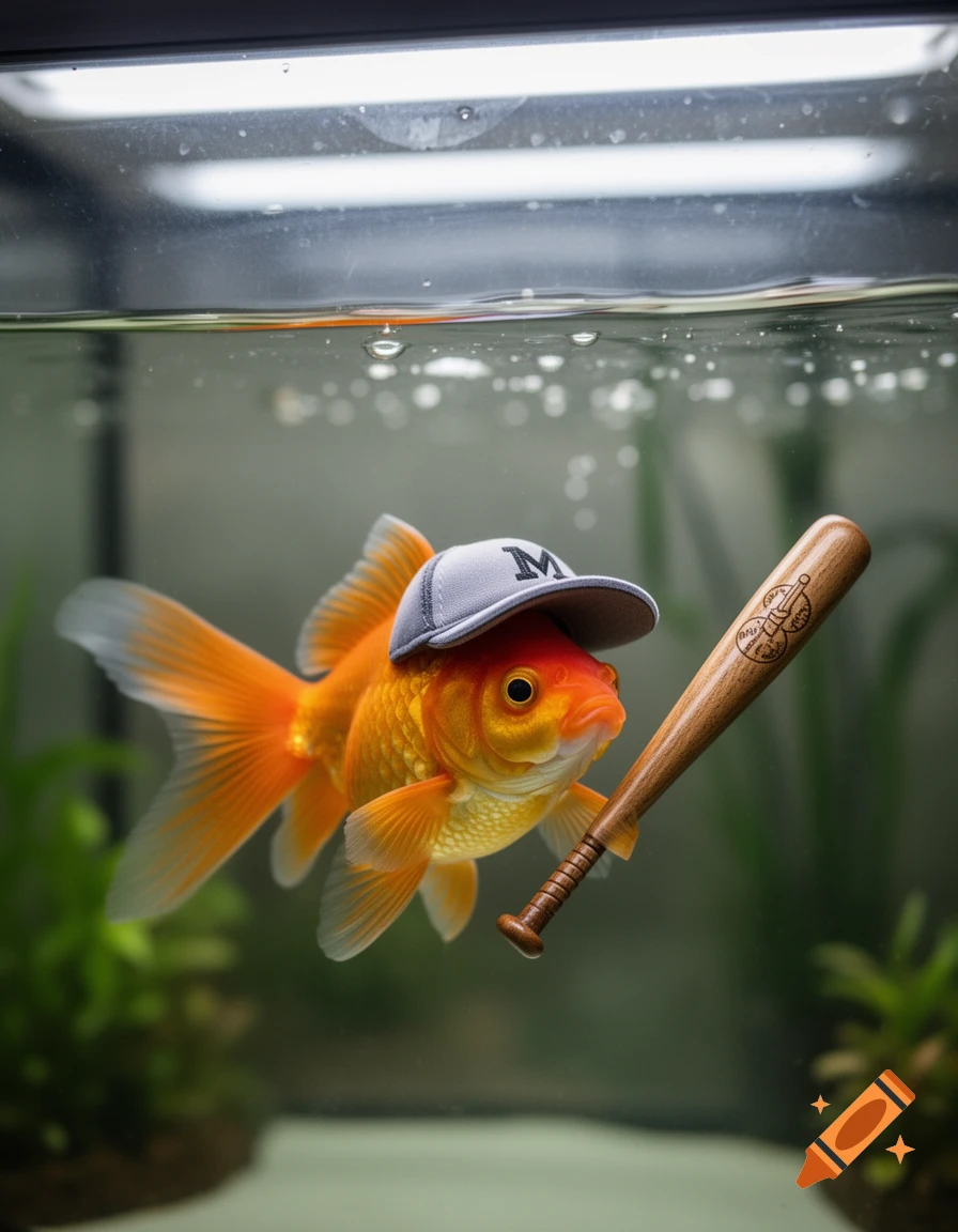 A goldfish wearing a gray baseball cap with an 'M' and holding a small wooden baseball bat, swimming in a clear aquarium.