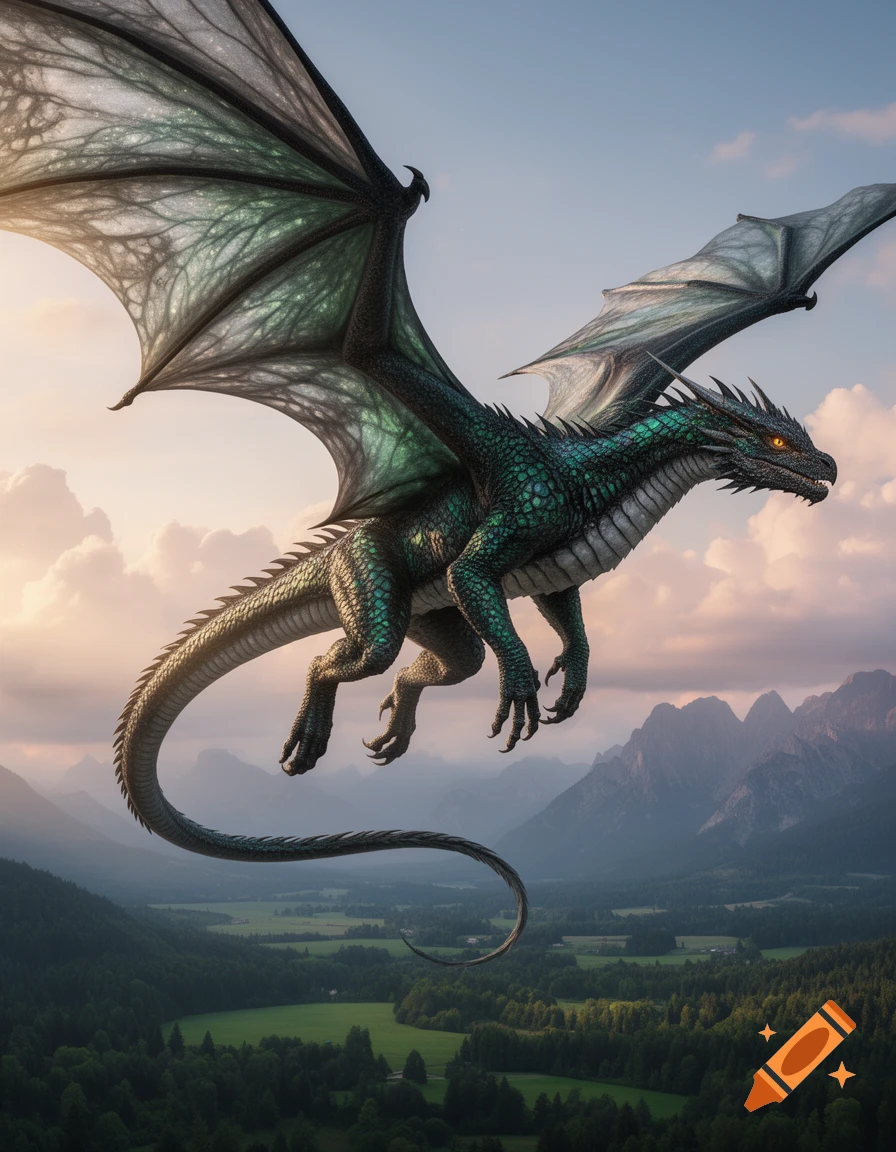 A photorealistic green and grey dragon with large wings flies over a lush green valley with distant mountains under a cloudy sunset sky.
