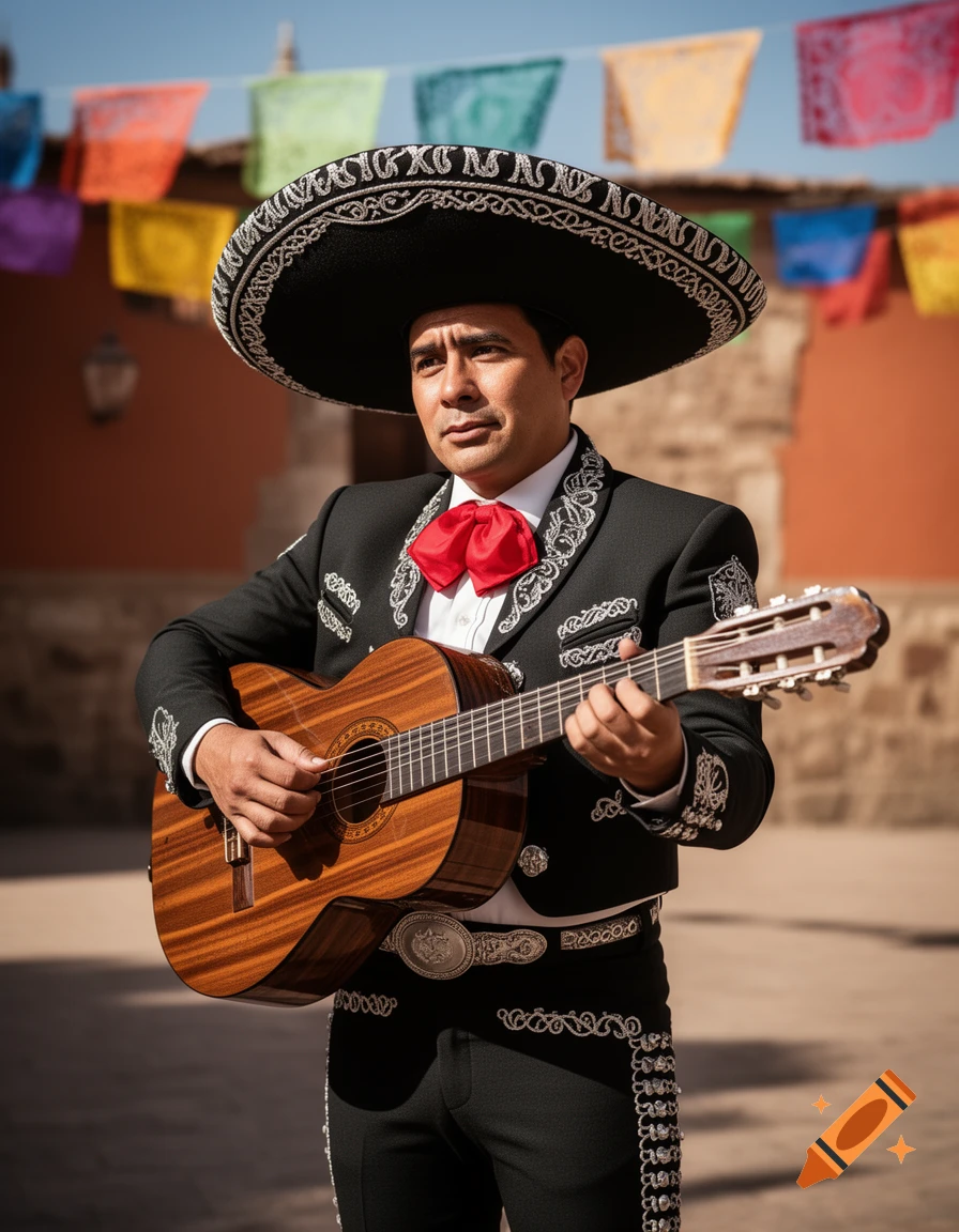 A mariachi man in a black charro suit and sombrero plays an acoustic guitar outdoors with colorful flags in the background.