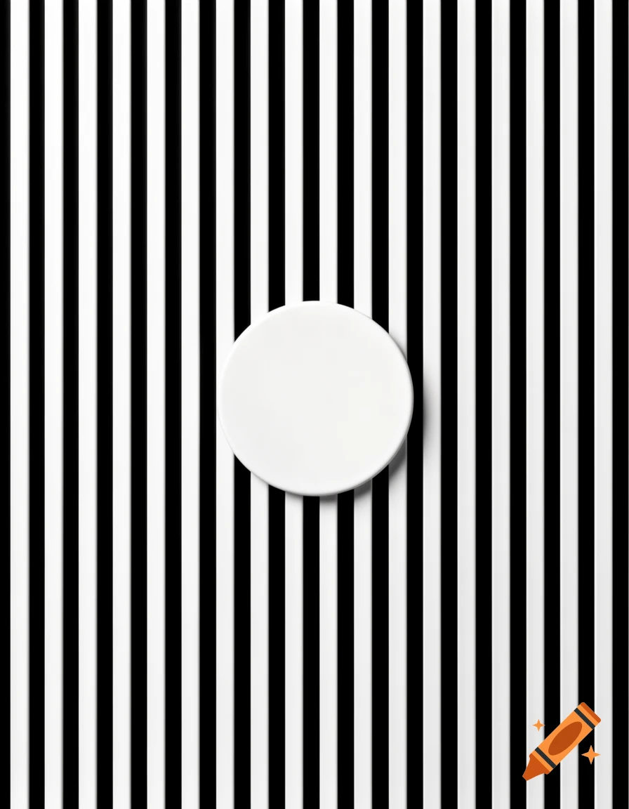 A white disk on a background of alternating black and white vertical stripes.