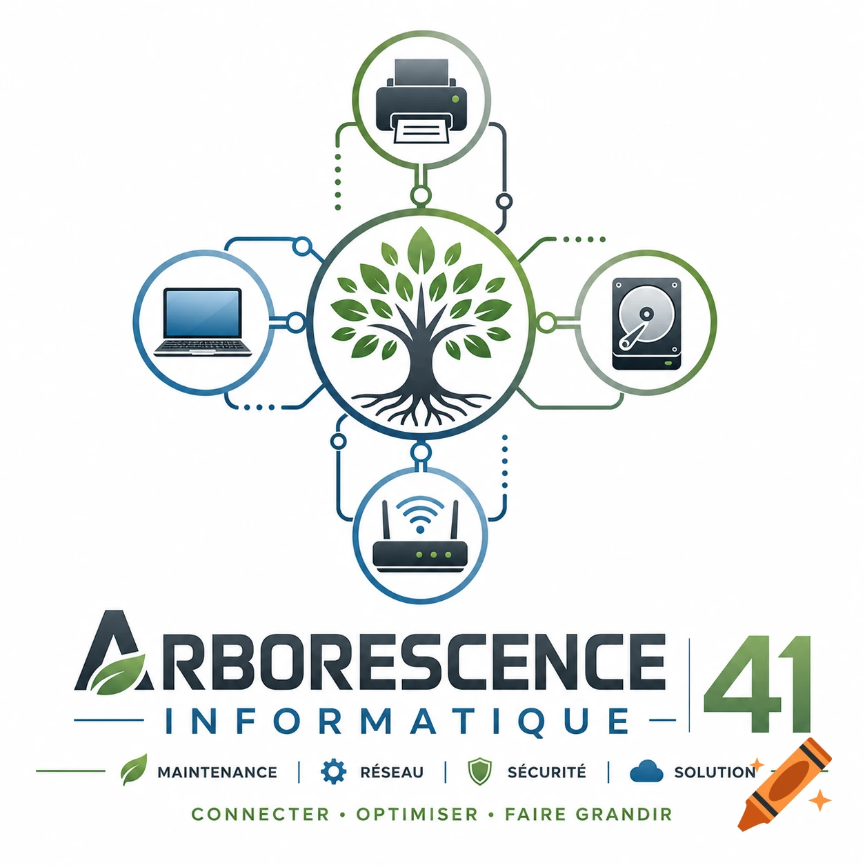 Logo for Arborescence Informatique 41, featuring a tree icon connected to laptop, printer, hard drive, and router symbols.
