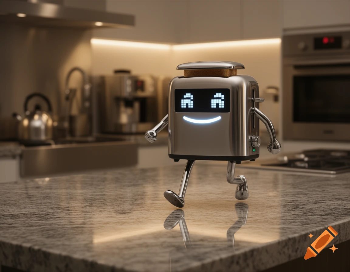 An anthropomorphic, shiny silver toaster with pixelated eyes and a glowing smile walks across a granite kitchen counter.
