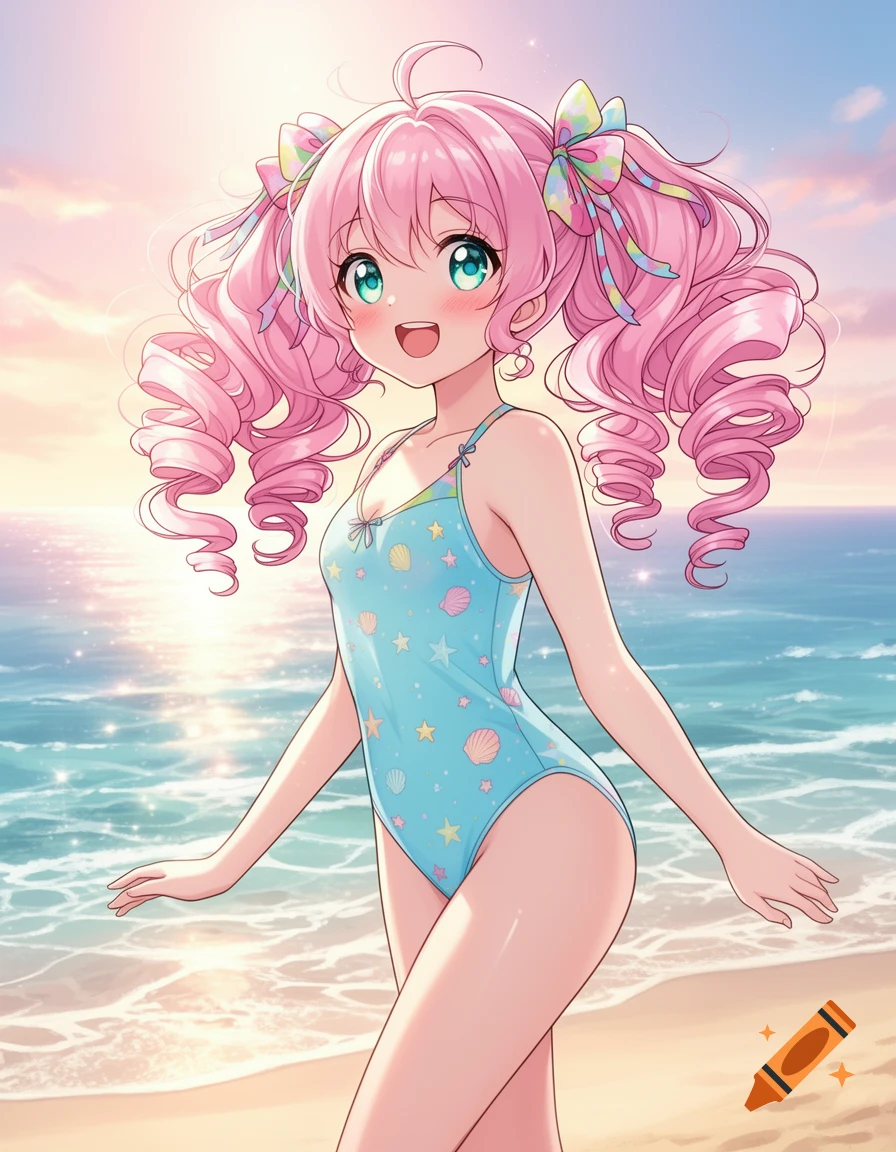 Cute anime girl with pink curly pigtails and a blue swimsuit walks on a sandy beach by the ocean at sunset.