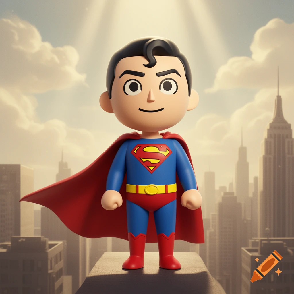 A cartoon-style Superman figure, with a red cape and blue suit, stands on a rooftop overlooking a city skyline under a sunny, cloudy sky.