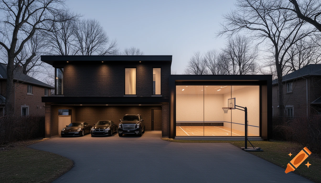 Photorealistic night view of a modern dark brick house with a glass-walled indoor basketball court and three luxury cars parked in the illuminated garage.