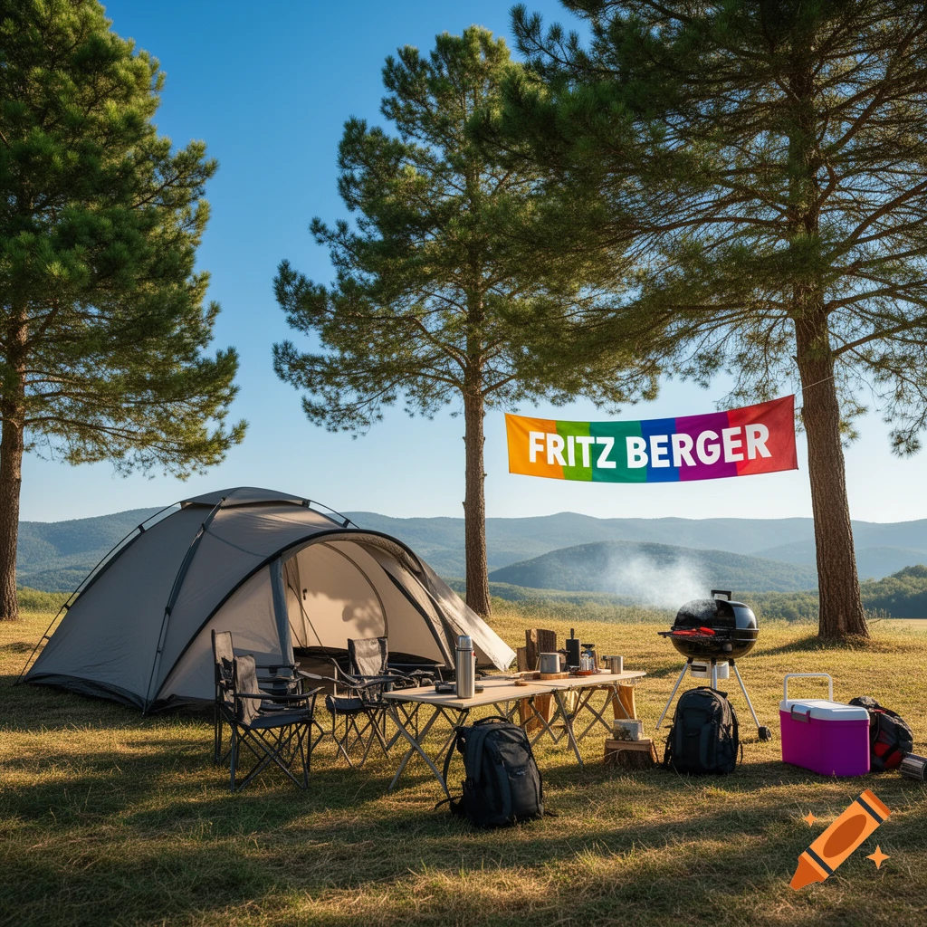 A sunny camping scene with a tent, grill, and outdoor furniture under pine trees. A rainbow banner reading "FRITZ BERGER" hangs above, with mountains in the background.