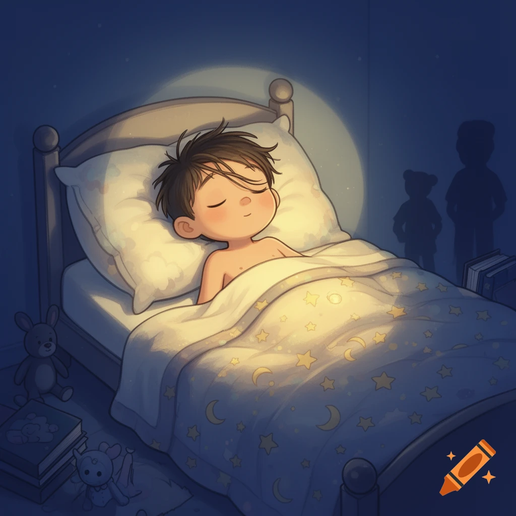 Cartoon illustration of a young boy with closed eyes, sleeping soundly under a patterned blanket in a cozy, dimly lit bedroom.