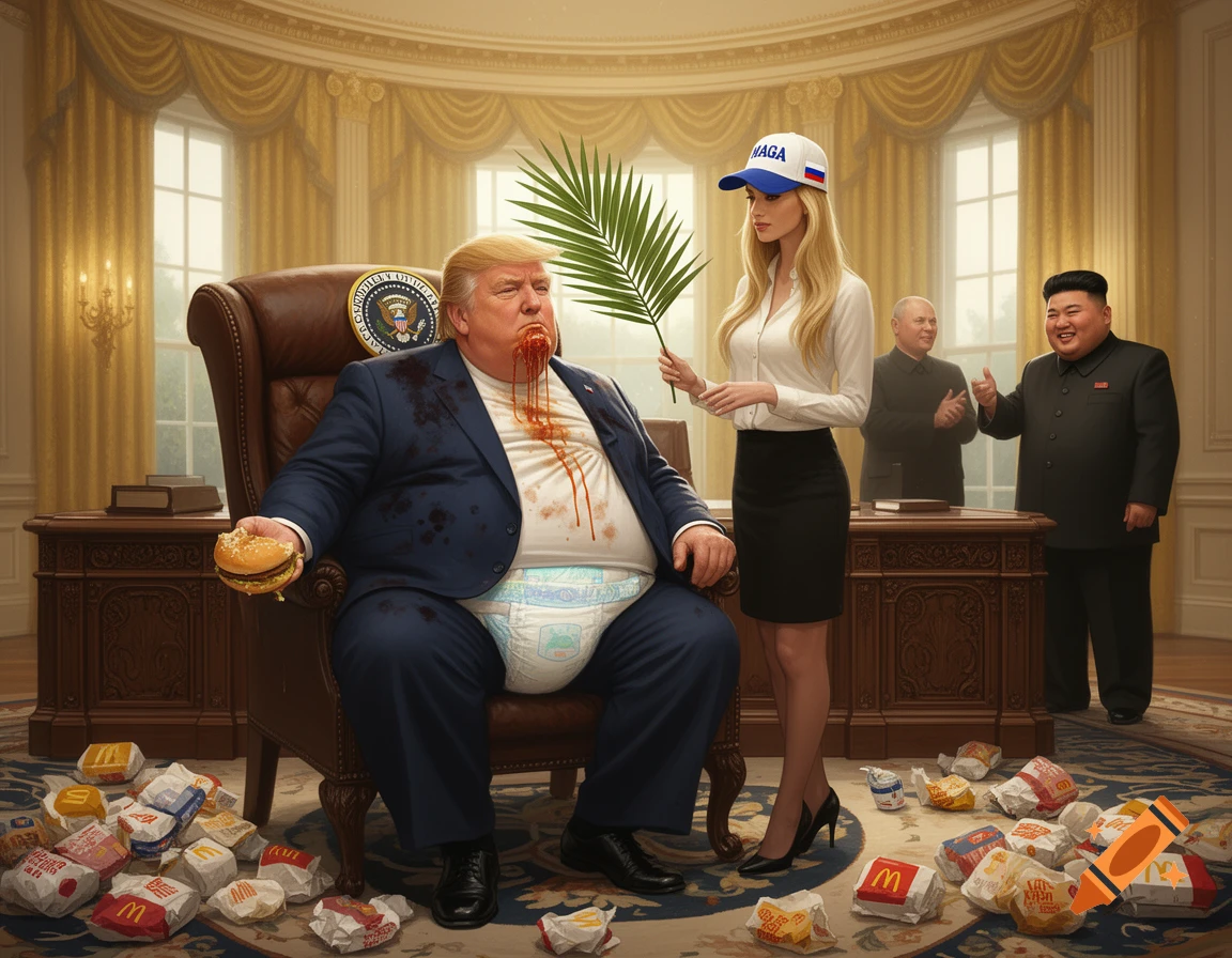 An obese Donald Trump in a diaper, messy with grease and holding a burger, sits in an Oval Office chair. A blonde aide fans him with a leaf. Kim Jong Un and another man smile in the background, surrounded by McDonald's wrappers.