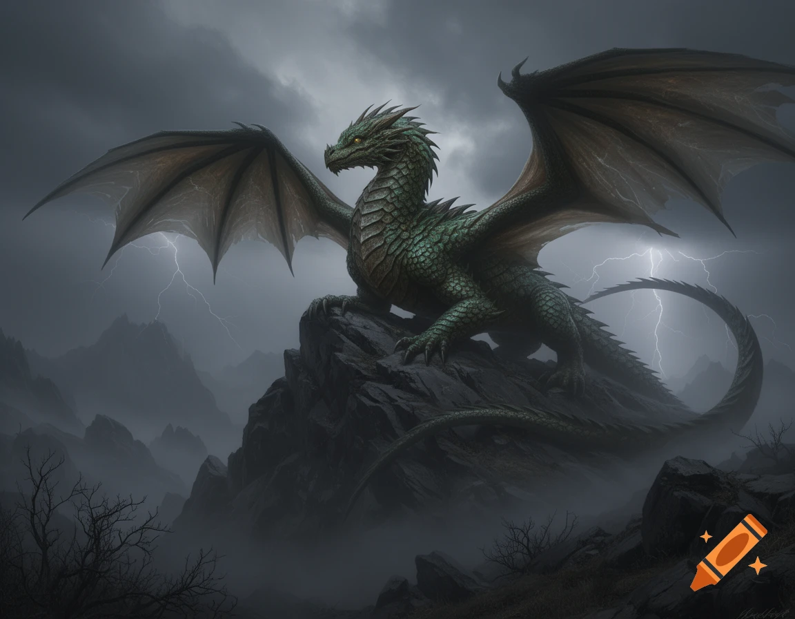 A majestic green dragon with wide wings perched on a rocky mountain under a stormy sky with lightning.