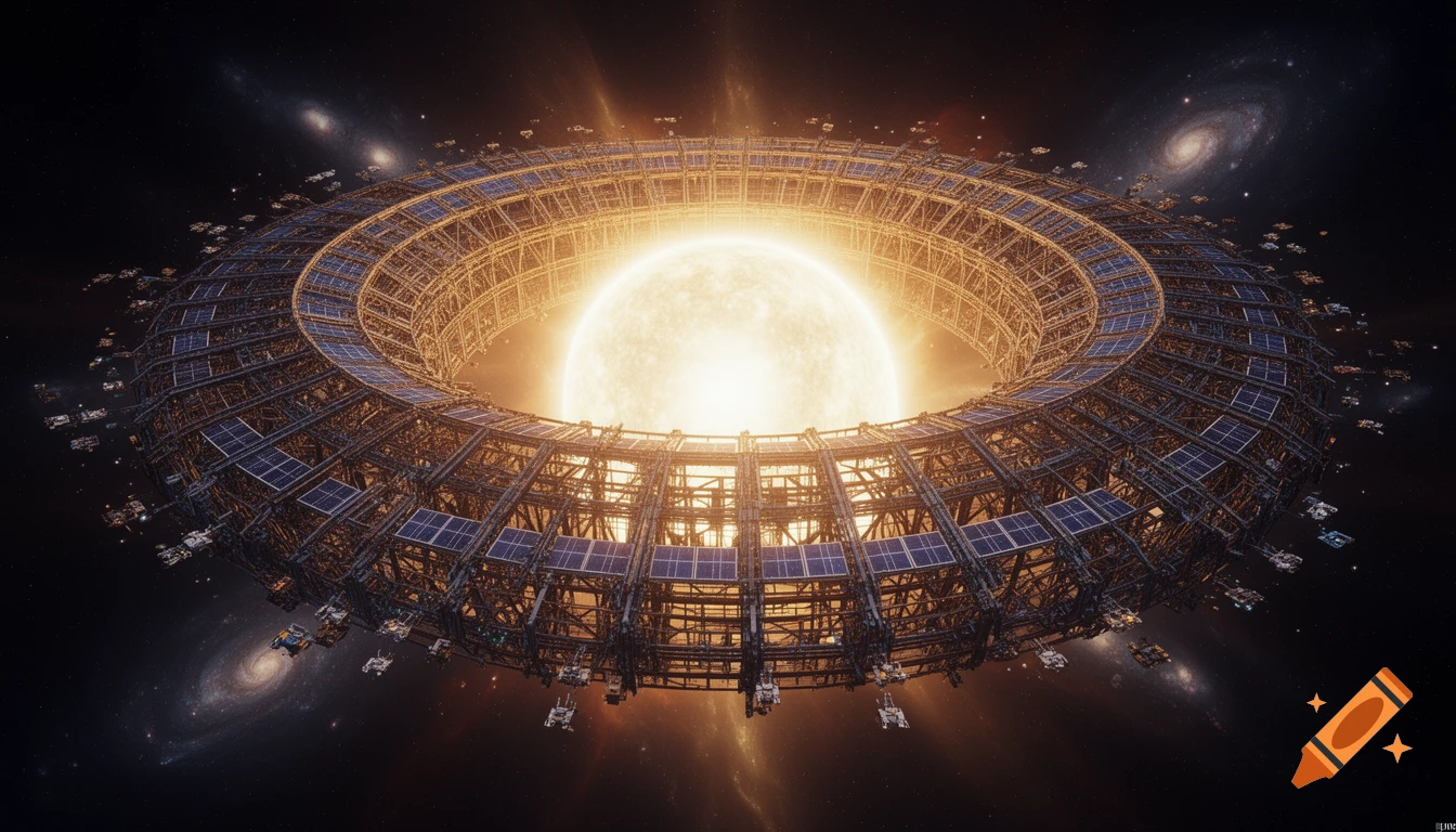 A massive, circular Dyson Sphere structure, still under construction, encircles a bright star in deep space with distant galaxies.