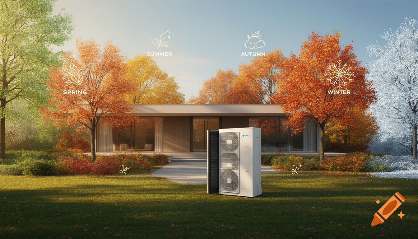 A modern house with a heat pump in front of it, surrounded by trees transitioning through spring, summer, autumn, and winter. Symbols for each season with text labels are overhead.