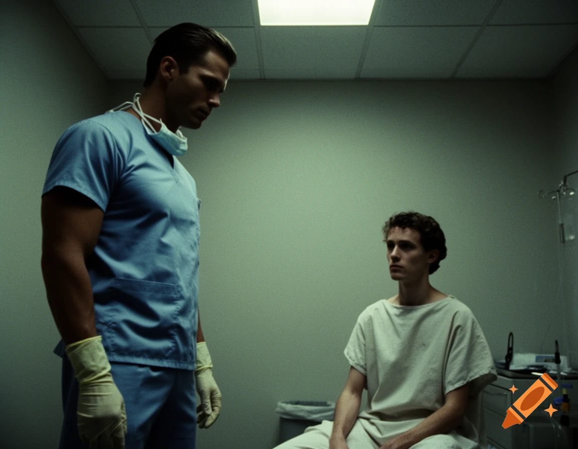 A muscular doctor in scrubs and gloves looks down at a skinny male patient sitting in an eerie VHS-style exam room.