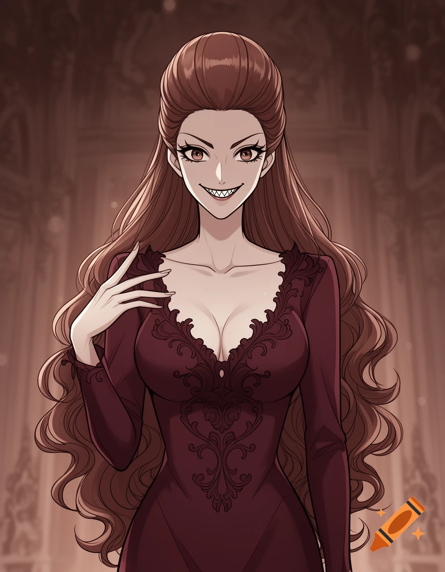 A woman in manhwa art style with long brown hair, sharp teeth, and a dark red dress.