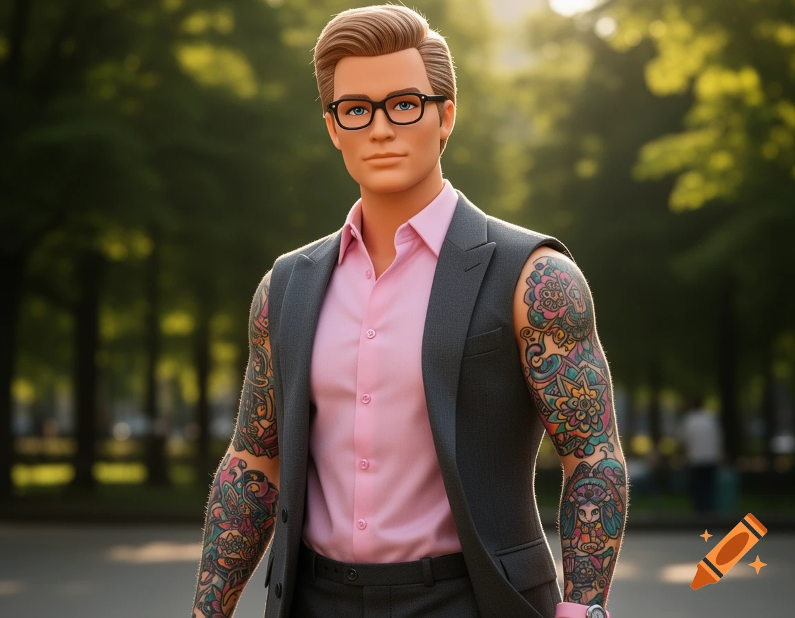 A Ken doll with glasses, a pink shirt, a gray vest, and full sleeve colorful tattoos, standing in a sunny park.