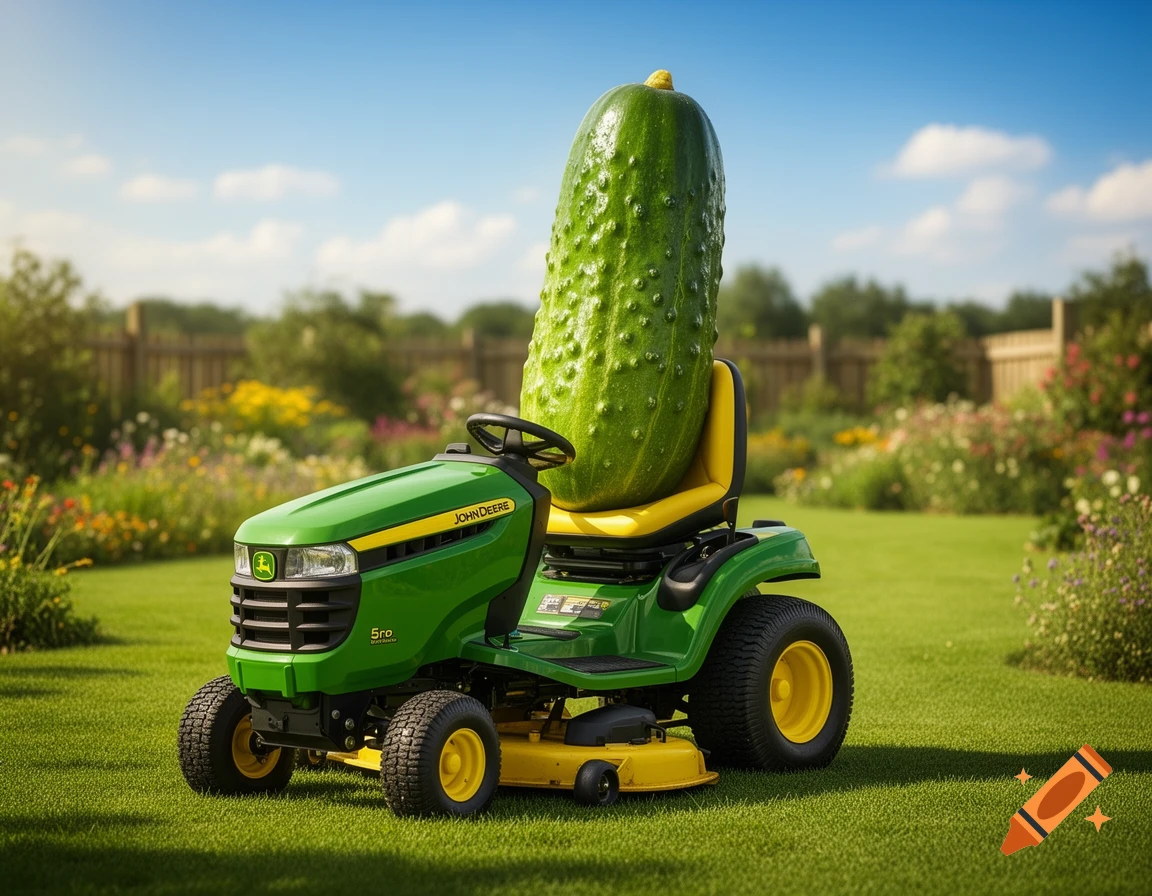 A giant green pickle sits on a John Deere lawn mower in a sunny backyard with green grass and flowers.