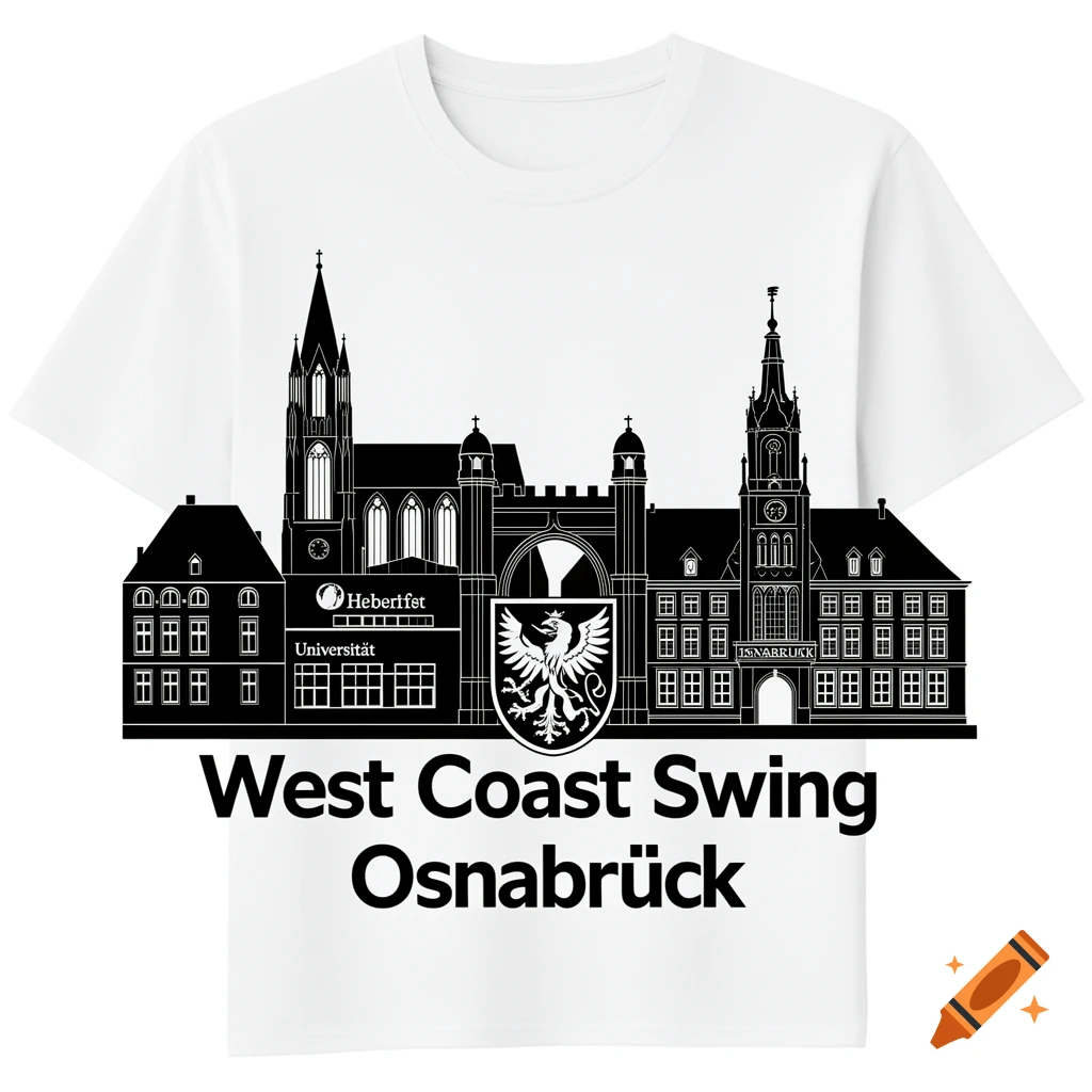 White t-shirt with a black silhouette of Osnabr after buildings including the cathedral and town hall, Osnabr after coat of arms, and "West Coast Swing Osnabr after" text.