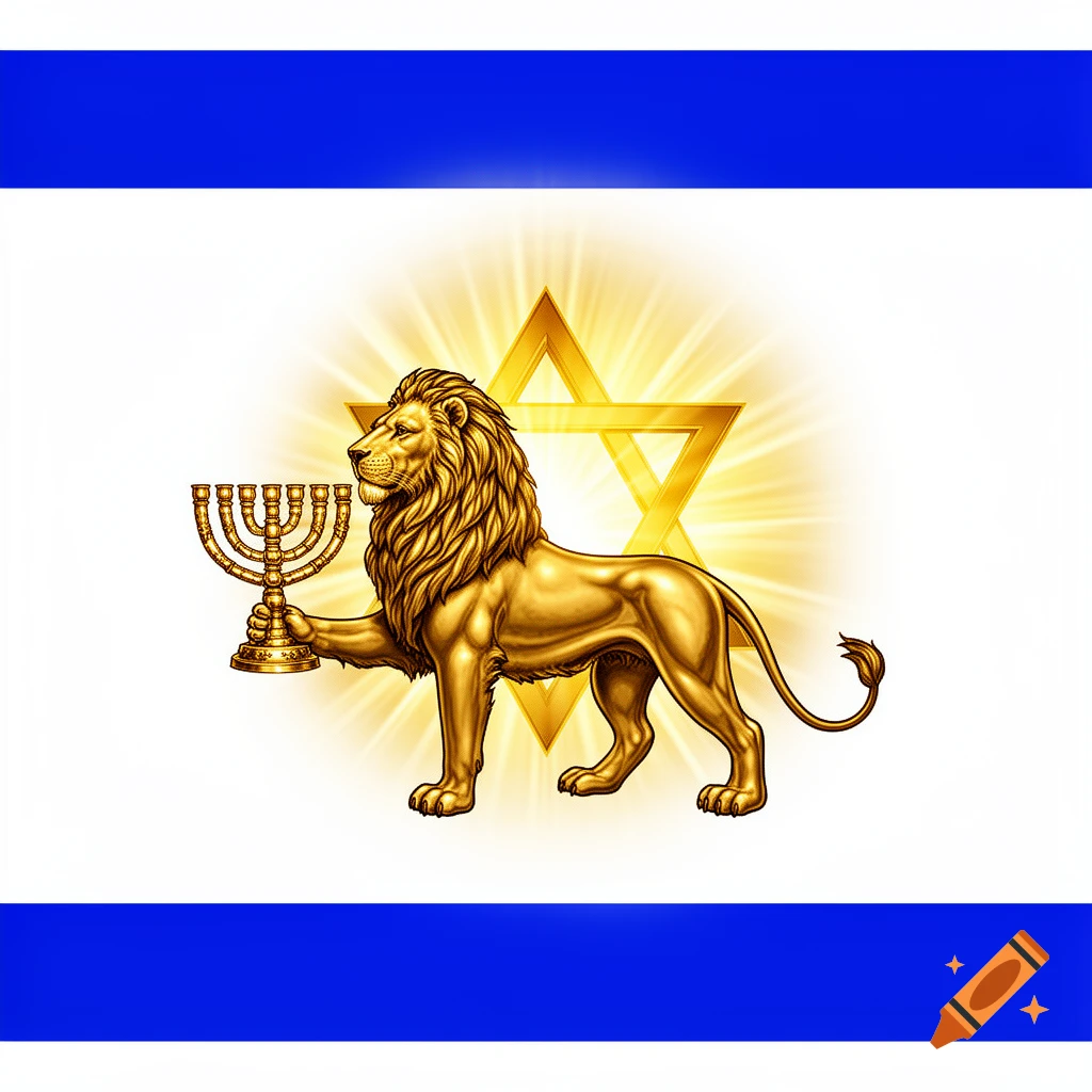 A majestic golden lion holds a menorah on a white flag with blue stripes and a glowing Star of David. Digital art.