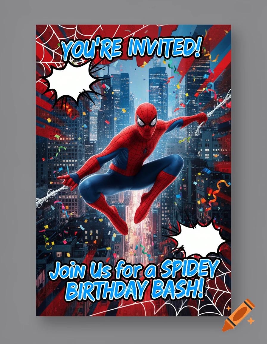 Vibrant Spider-Man birthday invitation flyer with text 'YOU'RE INVITED!' and 'Join Us for a SPIDEY BIRTHDAY BASH!' above a city skyline with confetti.