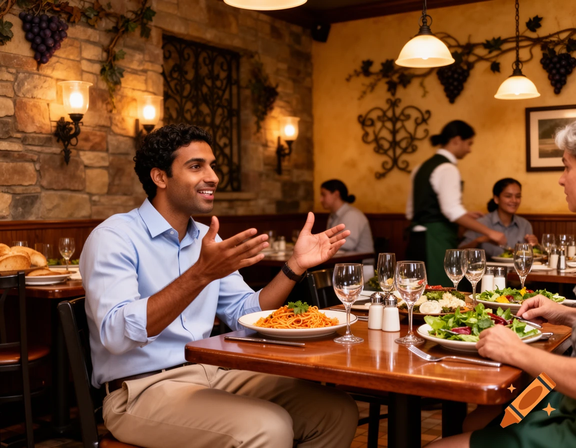 A smiling man talks animatedly across a restaurant table laden with food and wine glasses, with waitstaff in the background.