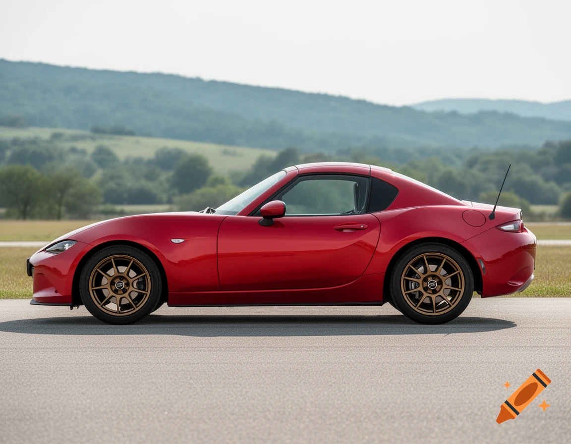 A bright red Mazda MX-5 Miata coupe with bronze multi-spoke wheels, viewed from the side on an asphalt road with green hills in the background.