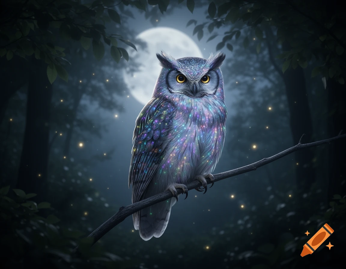 A glittery owl with yellow eyes perches on a branch in a dark forest under a full moon, surrounded by glowing particles.