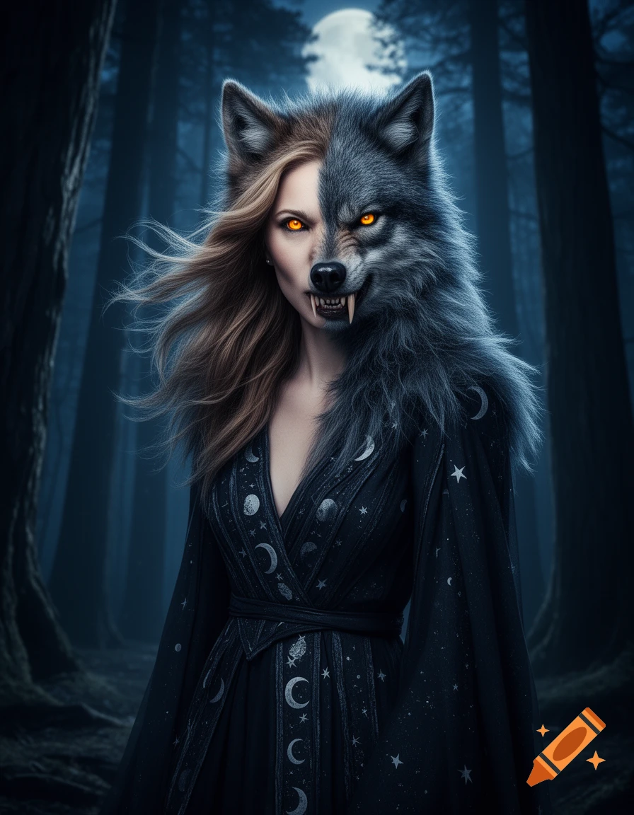 A woman with half-human, half-wolf face and glowing eyes in a dark forest, wearing a moon and star patterned robe.