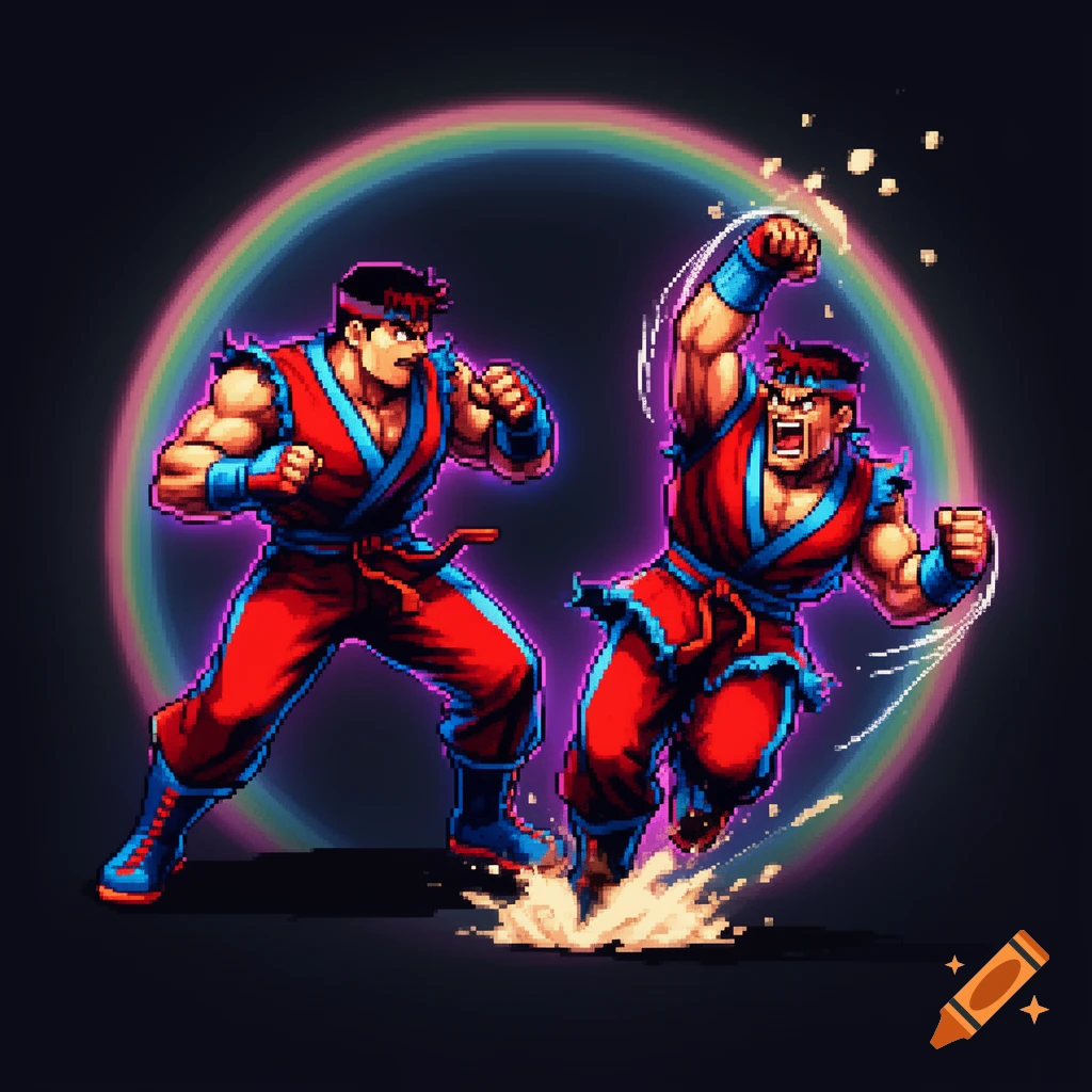 Pixel art of two muscular male fighters in red and blue gis, one striking, the other mid-punch, with a rainbow glow.