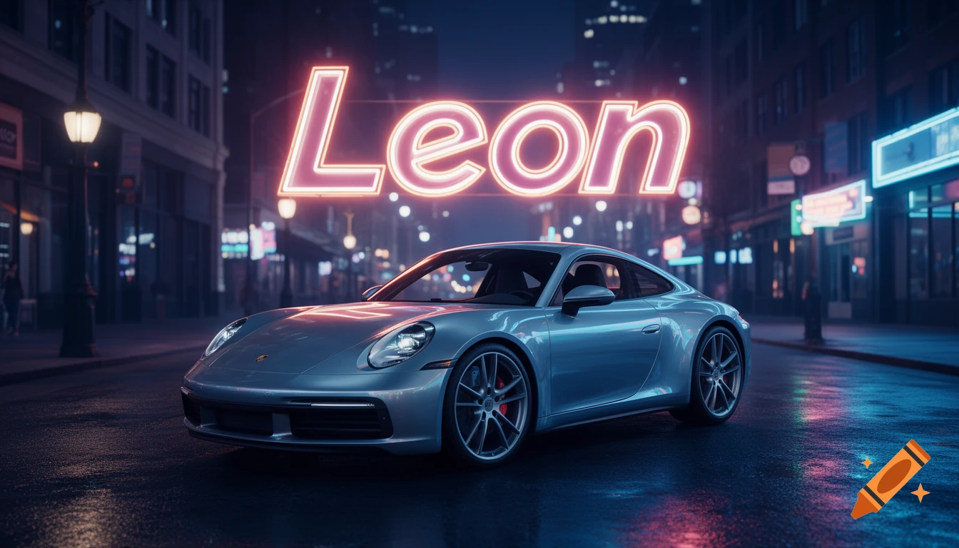 A silver Porsche sports car is parked on a wet city street at night, with large neon letters spelling 'Leon' glowing in the background, photorealistic.
