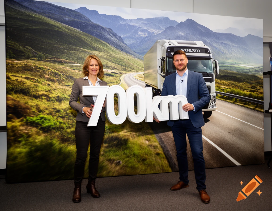 Two people stand in front of a Volvo truck backdrop with mountains, holding large white "700km" numbers.