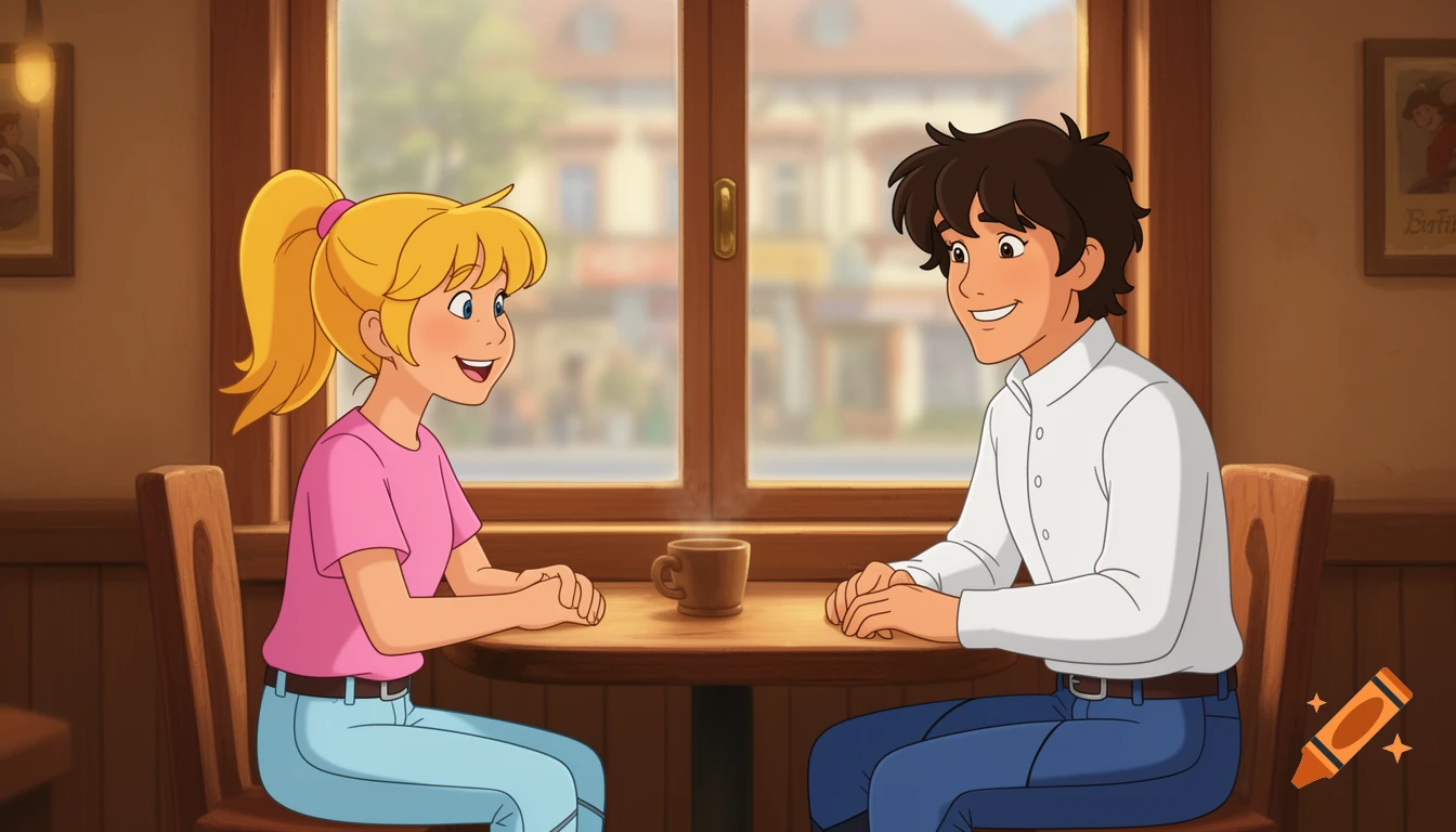 A cartoon girl with a blonde ponytail and a boy with dark hair sit at a cafe table, smiling at each other with a steaming mug between them.