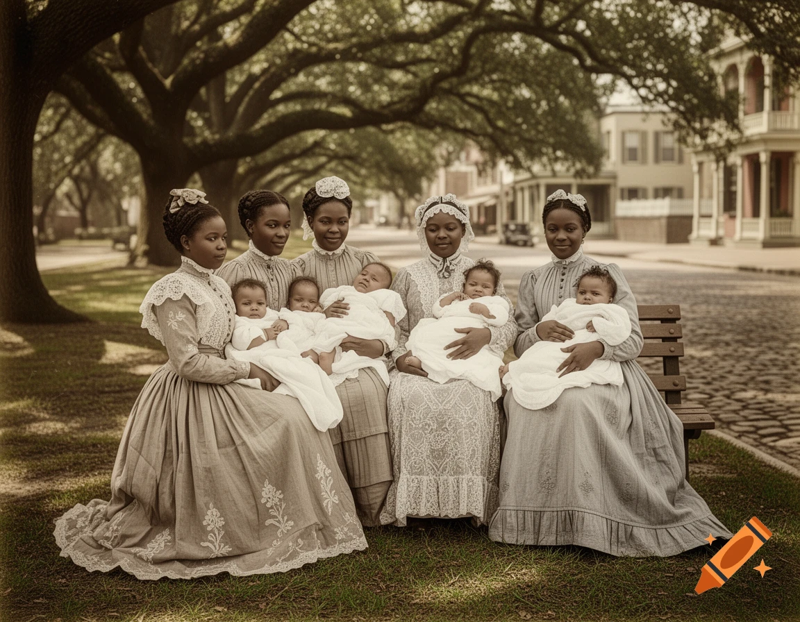 Sepia-toned photograph of four African American women in 1890s dresses, each holding a baby, seated outdoors under trees with buildings in the background.
