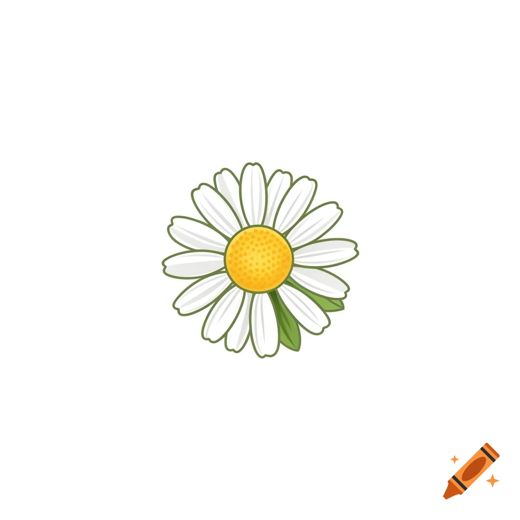 A simple cartoon illustration of a chamomile flower with white petals and a yellow center.