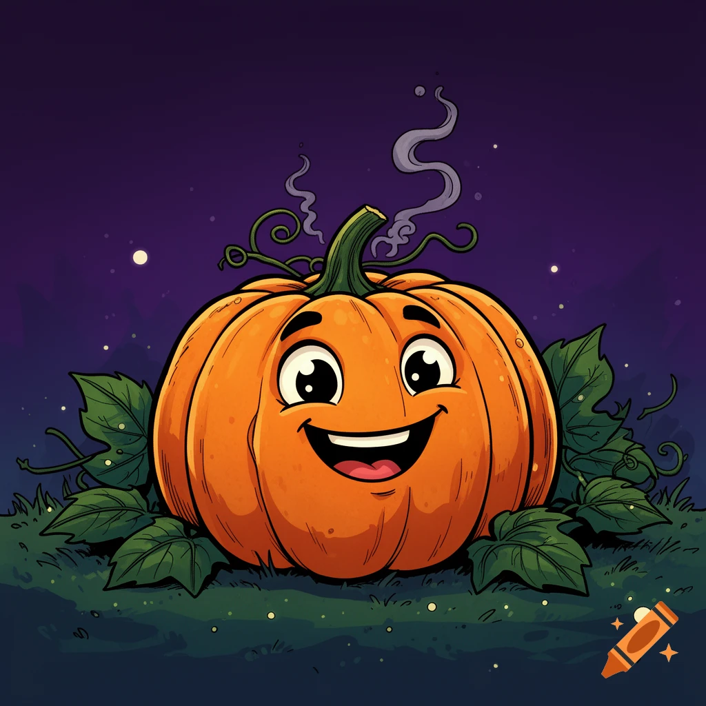 A happy, smiling cartoon pumpkin with green leaves and vines sits on grass under a dark, starry night sky.