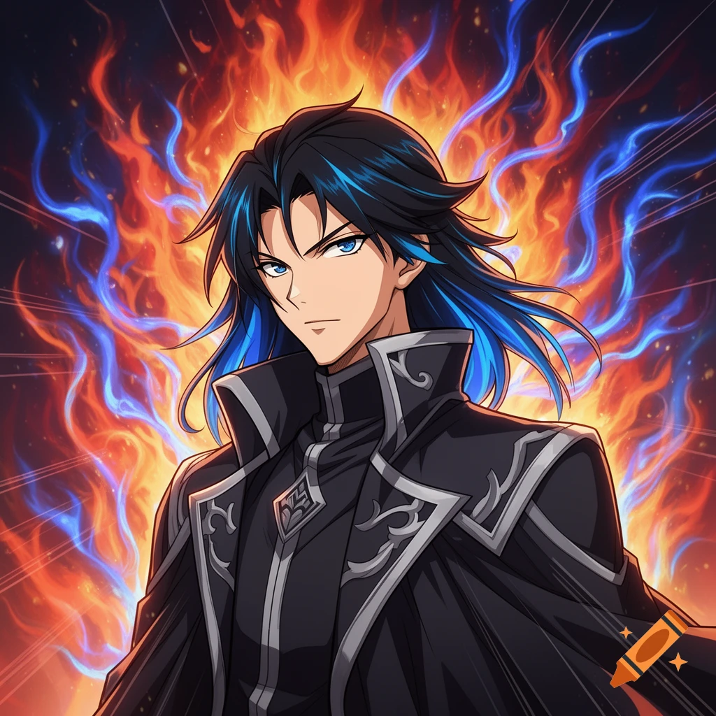 An anime man with black and blue hair and blue eyes, wearing a dark coat, stands against a background of red and blue flames.