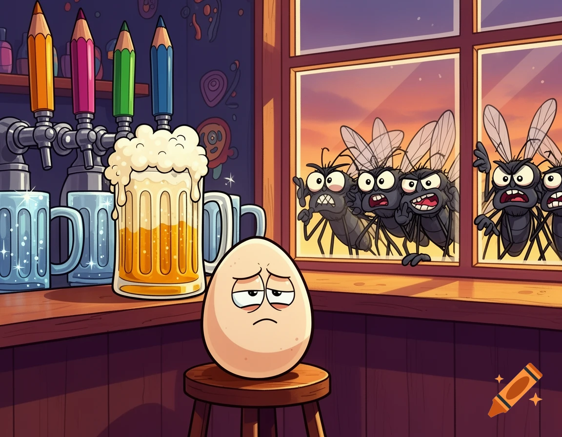 A sad cartoon egg sits at a bar, looking at a full beer, while angry cartoon flies watch from outside the window.