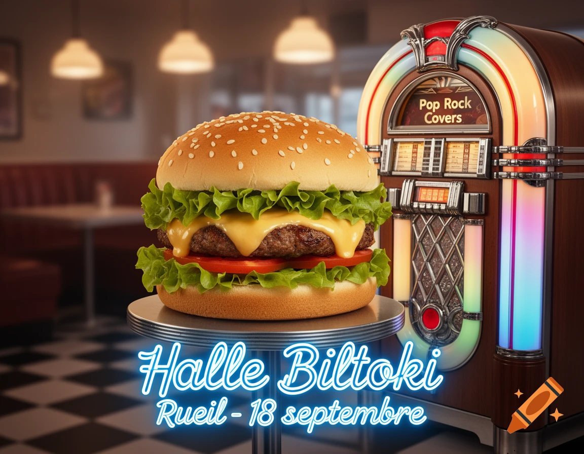 A photorealistic cheeseburger on a stand, with a retro jukebox displaying "Pop Rock Covers" and neon text "Halle Biltoki Rueil - 18 septembre" in a diner.