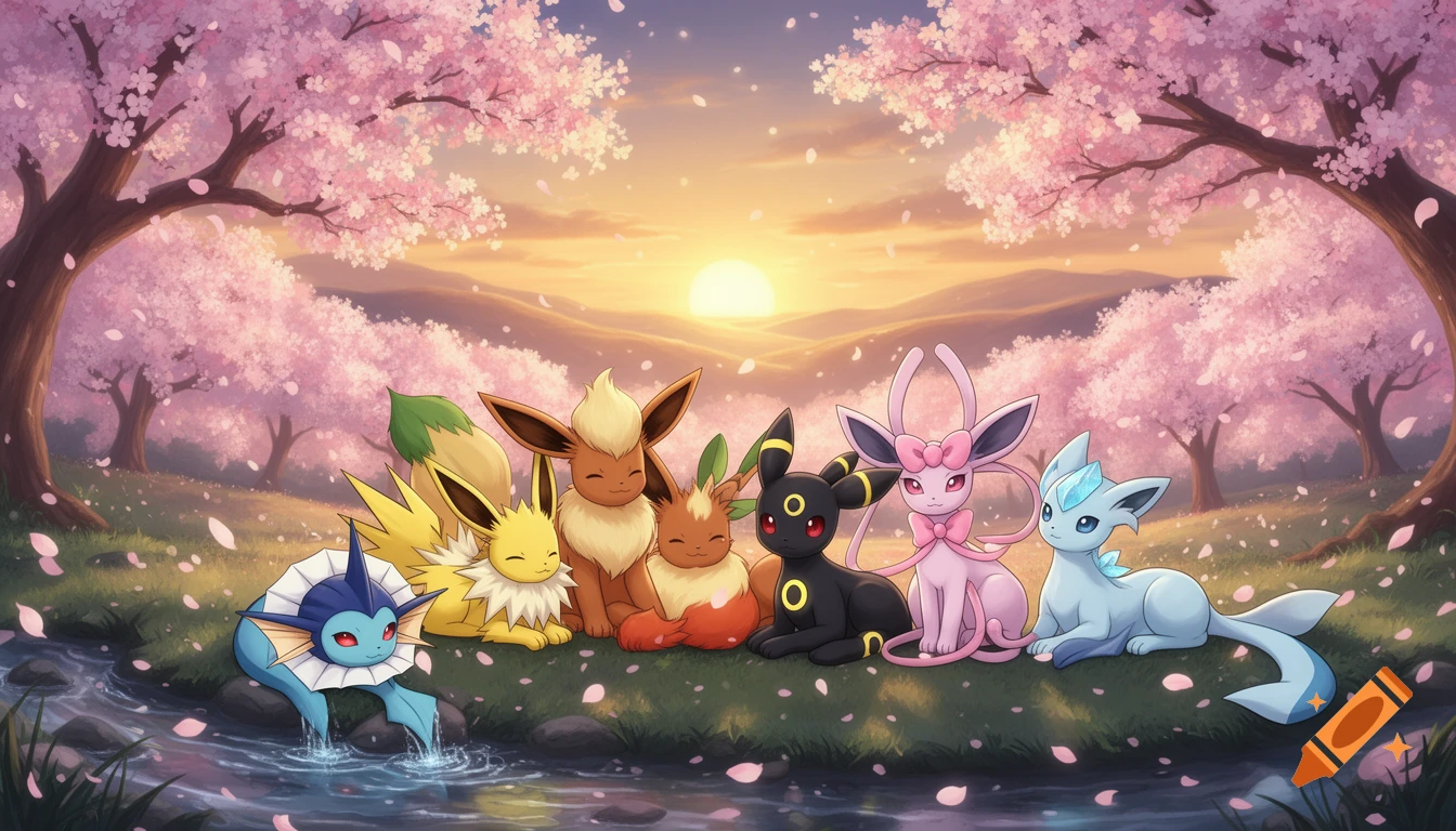 Eevee and its evolutions relax in a vibrant anime cherry blossom landscape at sunset, with petals falling.