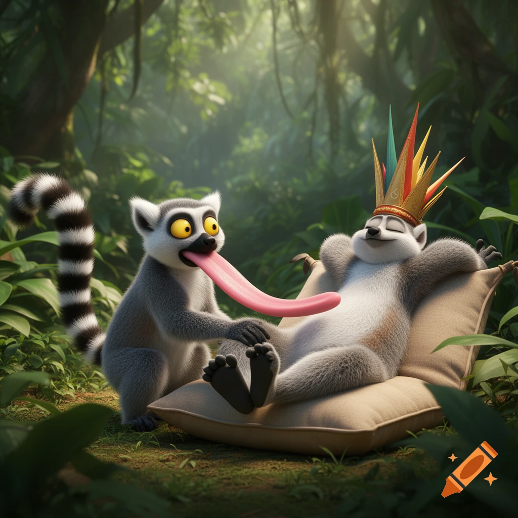 A cartoon lemur with a long pink tongue licks the foot of another lemur wearing a crown, both in a jungle setting.