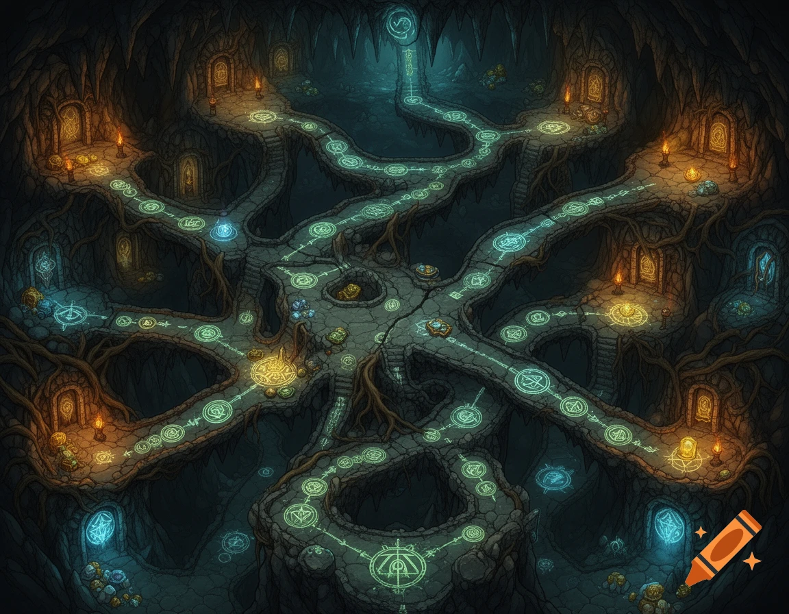 A top-down isometric view of an intricate fantasy cave and dungeon map with glowing paths marked by arcane symbols.