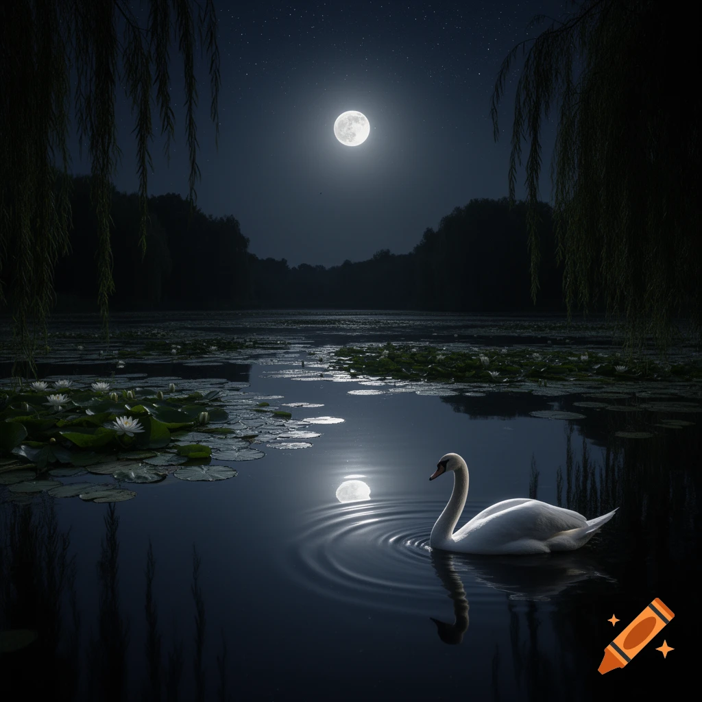 A white swan swims on a calm lake filled with lily pads under a bright full moon and starry night sky, dark trees frame the scene.