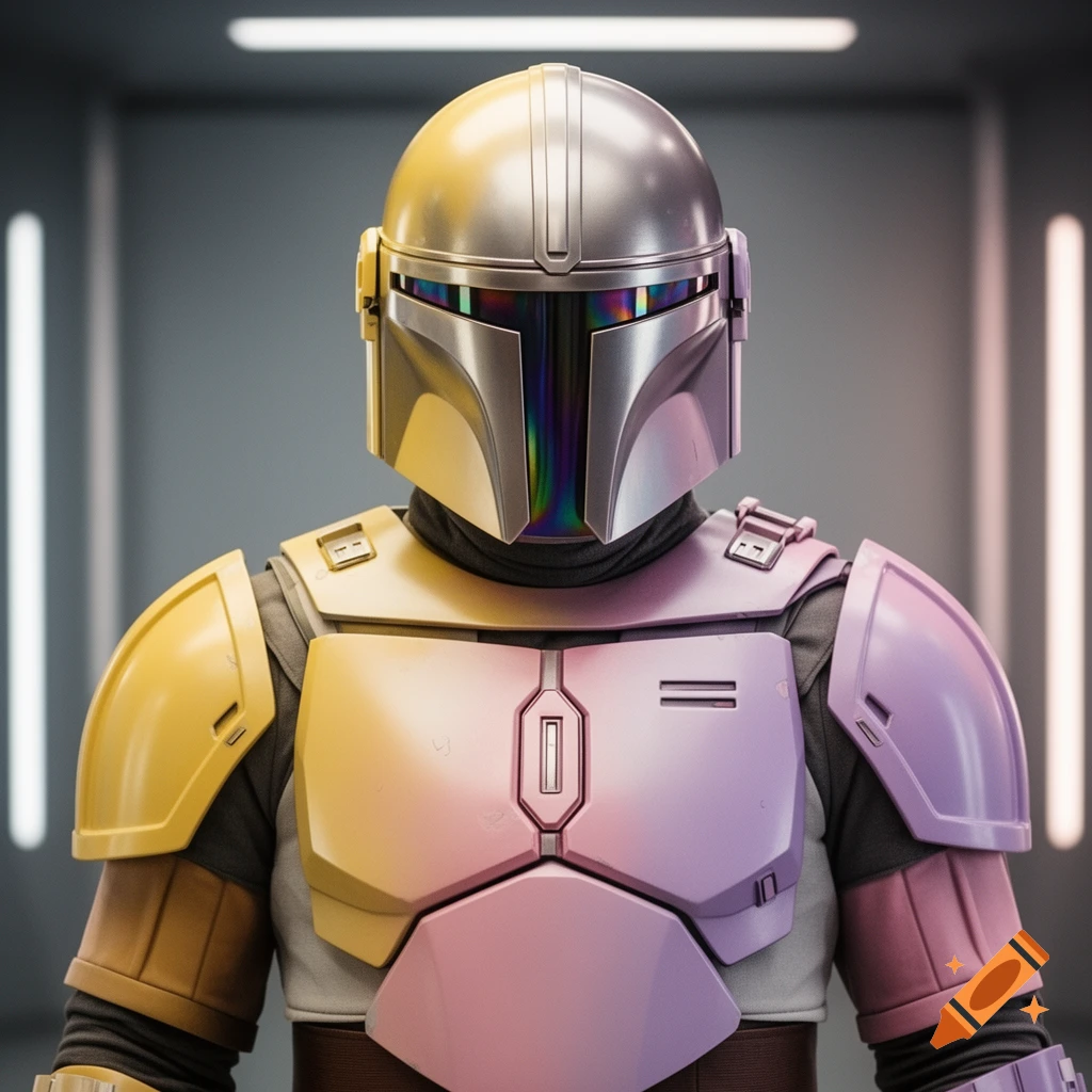 Close-up of a Mandalorian wearing beskar armor in yellow, pink, and purple pastel colors with a reflective visor, standing in a sci-fi corridor.