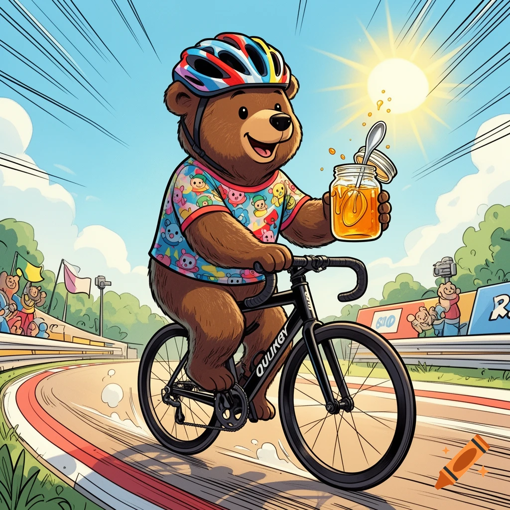 A cartoon bear wearing a colorful helmet and patterned t-shirt rides a racing bicycle on a track, holding a jar of honey with a spoon.