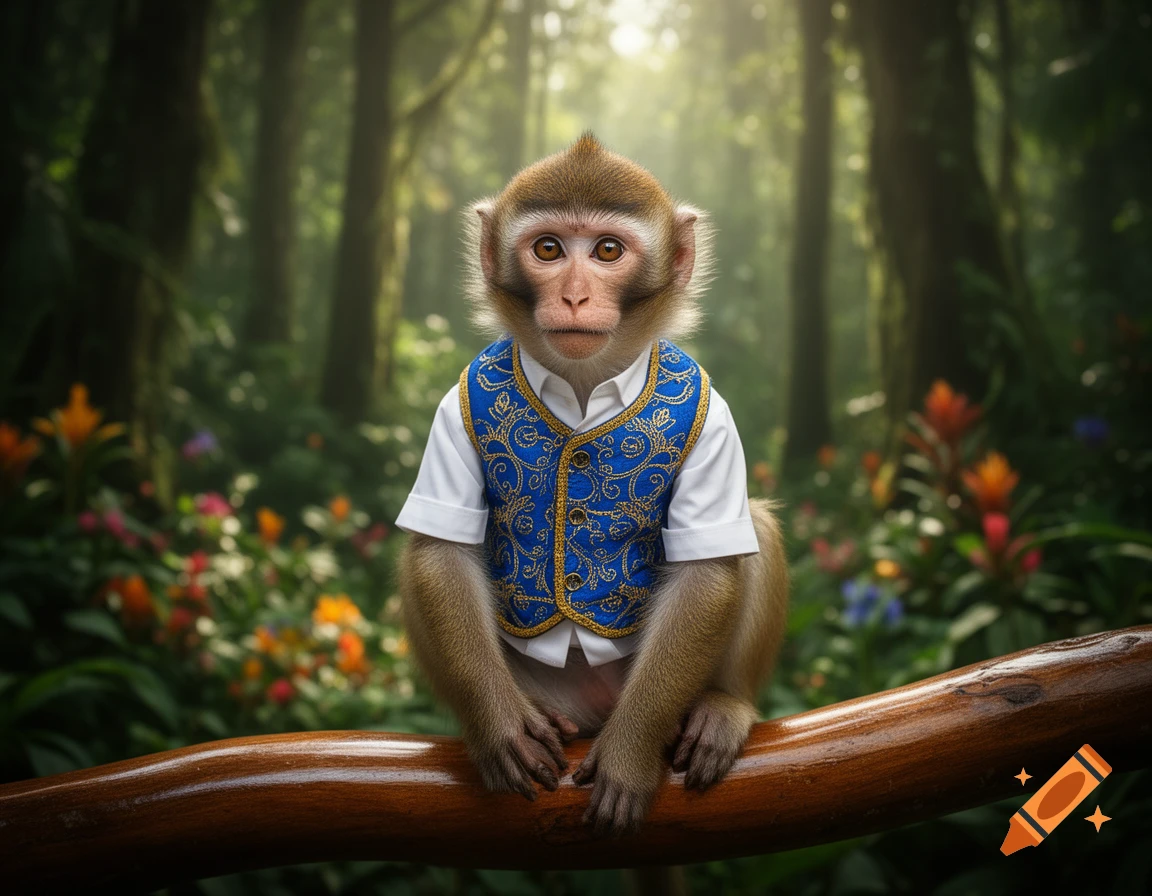 A monkey wearing a white shirt and an ornate blue and gold vest sits on a branch in a lush, sunlit jungle.