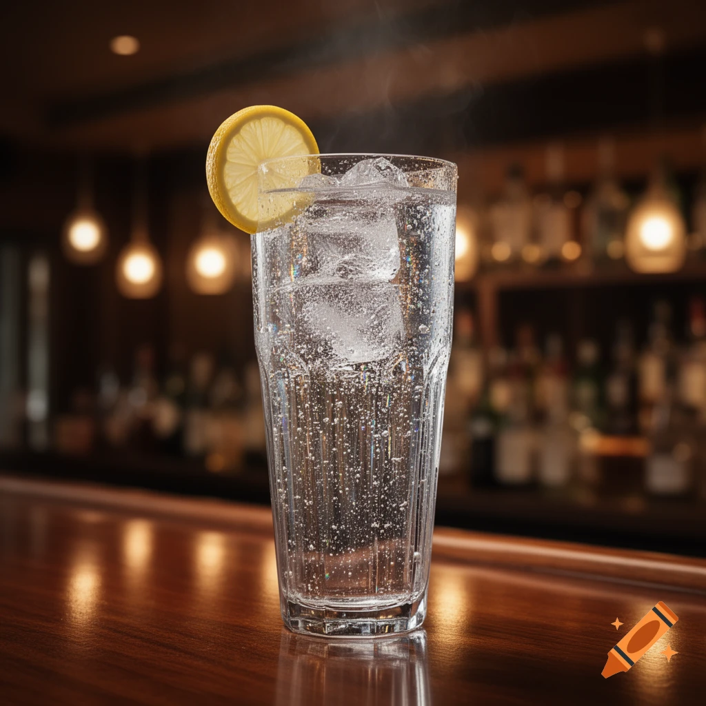 A photorealistic image of a glass of sparkling water with ice and a lemon slice on a wooden bar counter.