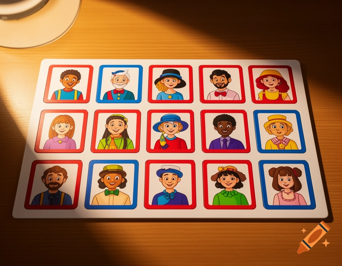 A 'Guess Who?' style board game featuring 15 diverse cartoon portraits arranged in three rows on a wooden table.