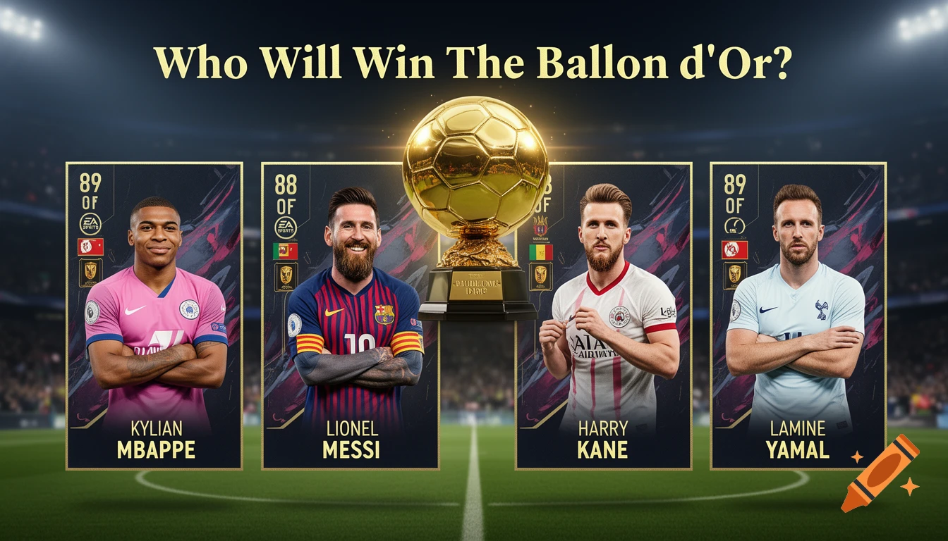Four famous football players - Kylian Mbappe, Lionel Messi, Harry Kane, and Lamine Yamal - are displayed on trading card-style graphics around a golden Ballon d'Or trophy on a football pitch, under the question 'Who Will Win The Ballon d'Or?'