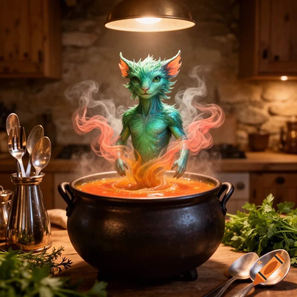 A green, cat-like fantasy creature rises from a steaming pot of soup in a rustic kitchen.