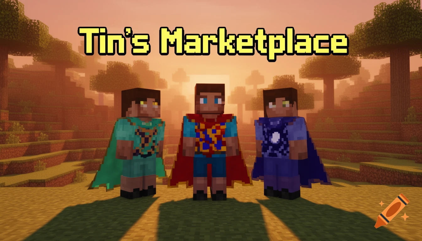 Three Minecraft characters wearing capes stand in a blocky landscape under an orange sky, with "Tin's Marketplace" text above them.
