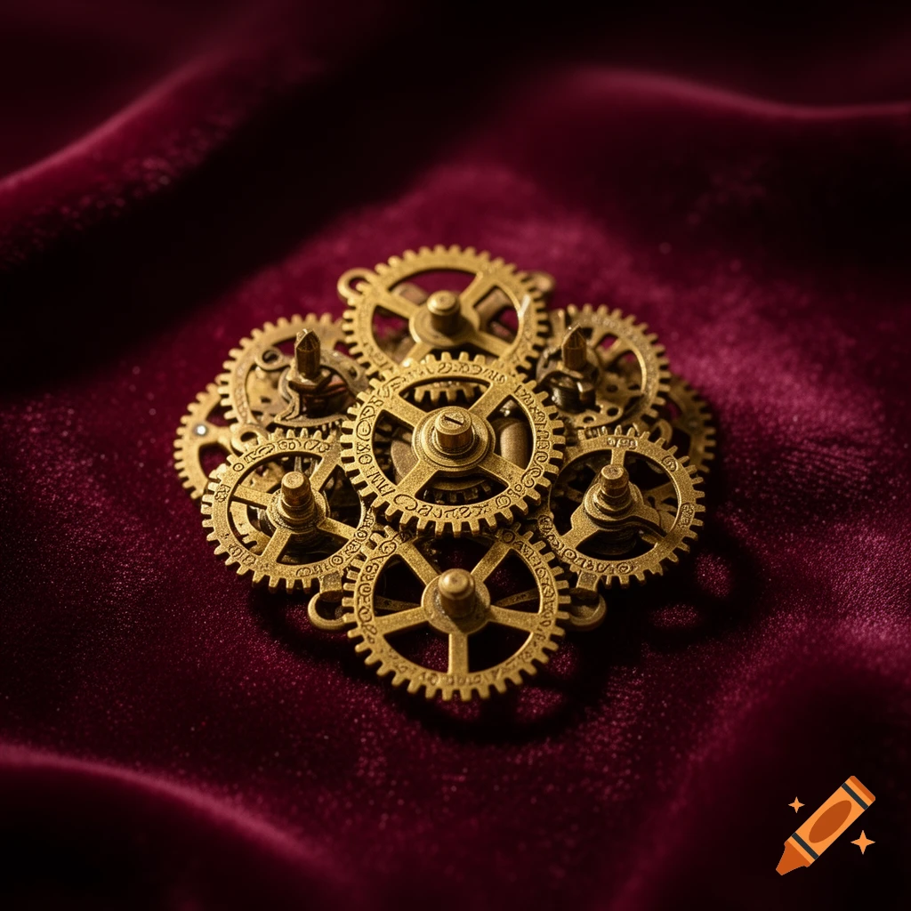 A close-up shot of brass clockwork gears piled on a rich, dark red velvet cloth.
