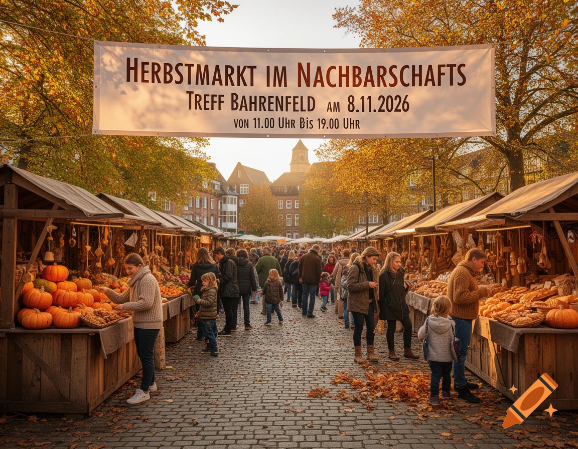 A bustling autumn market scene with vendors selling pumpkins and other goods under a banner, surrounded by trees with golden leaves.
